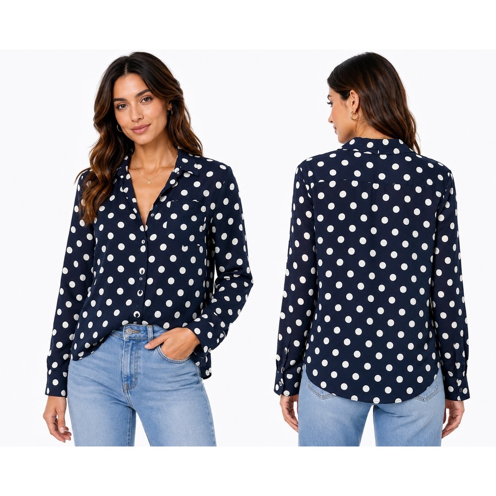 Van Heusen Studio Button Down Womens Medium‎ Navy Blue Polka Dot Blouse Office